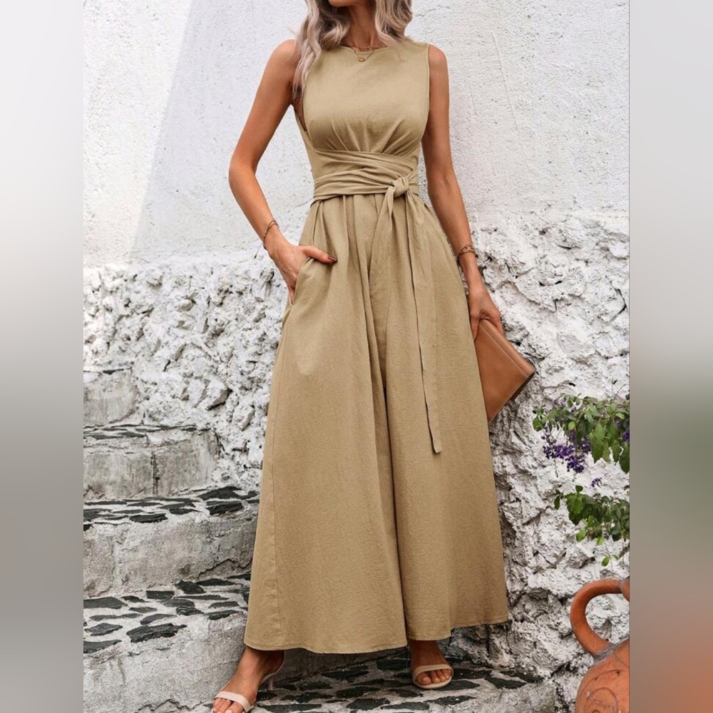 New Textured Cotton High Neck Wrap Tie Waist Maxi Dress Tan Camel Beige - Picture 4 of 9